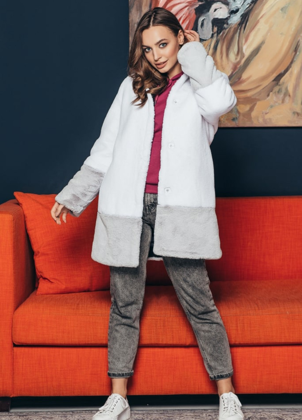 Шуба 2-021 біло-сіра